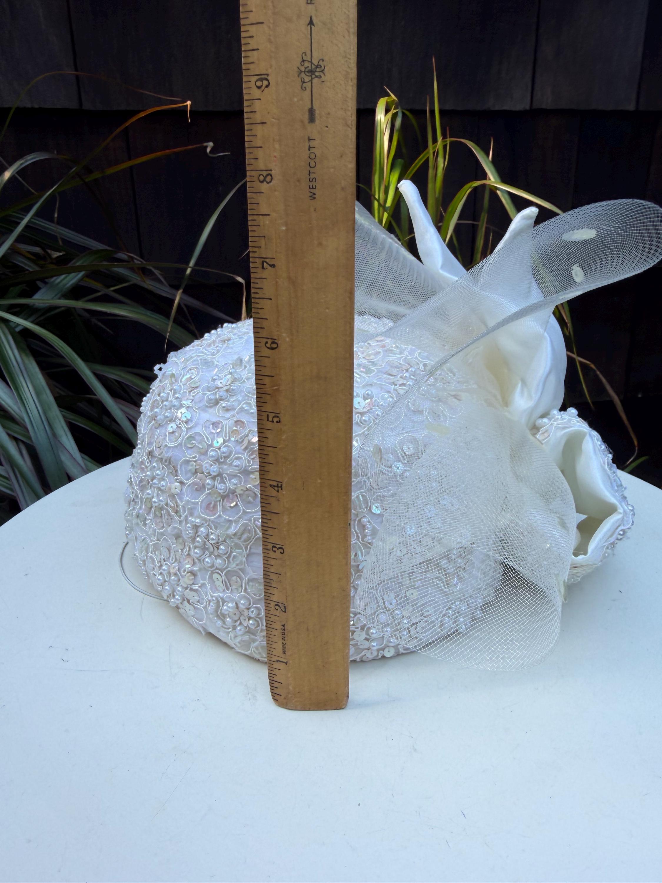 Vintage wedding cocktail hat white cap sequins beads bow 22.5” Whittall & Shon Vintage Wedding or Cocktail Hat White Cap Sequins Beads Bow  main image 3