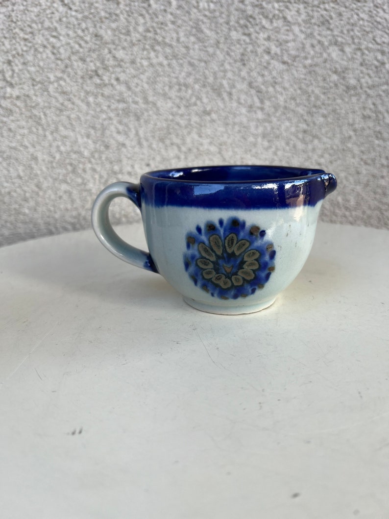 Vintage Mexican pottery small creamer pitcher floral blues grey by Ken Edwards size 3 image 1