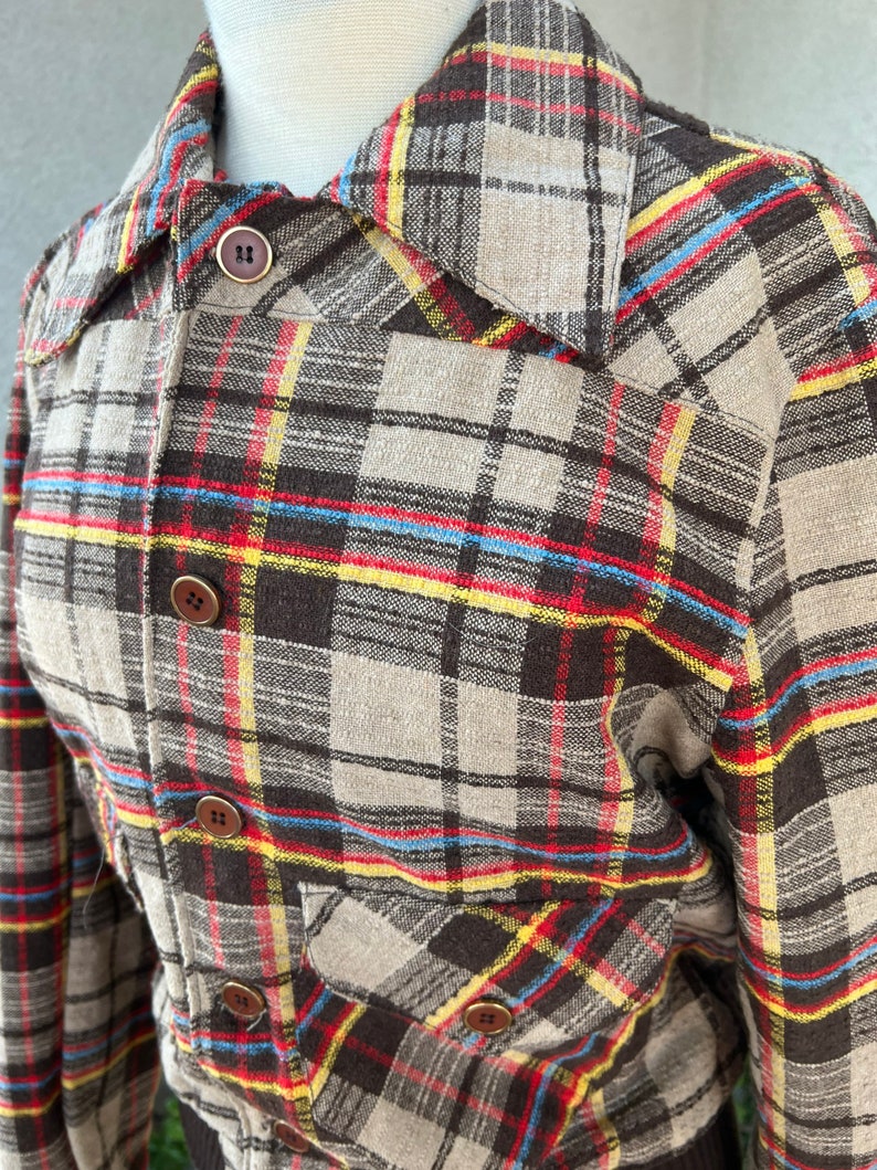 Vintage mod Mens bomber jacket knobby plaid browns fully lined Sz 40 Medium Unisex image 4