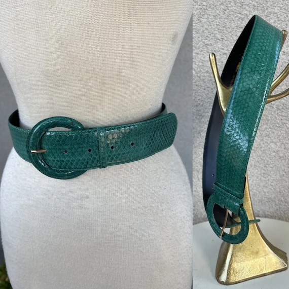 Vintage glam waist belt emerald green snake skin … - image 1