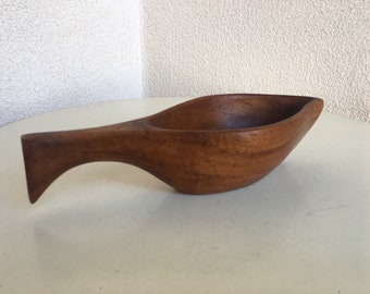 Vintage mahogany wood small bowl in leaf or fish design 9”x 3.5” x 2.5”