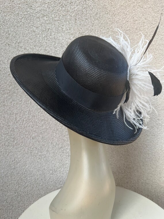 Vintage formal hat brim boater black straw sinawa… - image 3