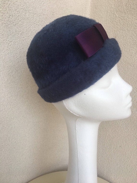 Vintage mid century royal blue fuzzy formal hat pu