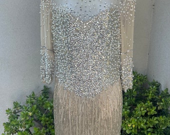Vestido de coquetel vintage com contas: bege transparente, lantejoulas e pérolas XS
