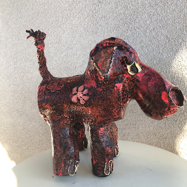 Vintage 1967 Paper Mache art figurine Donkey Dog Floral Print 12” X 12”