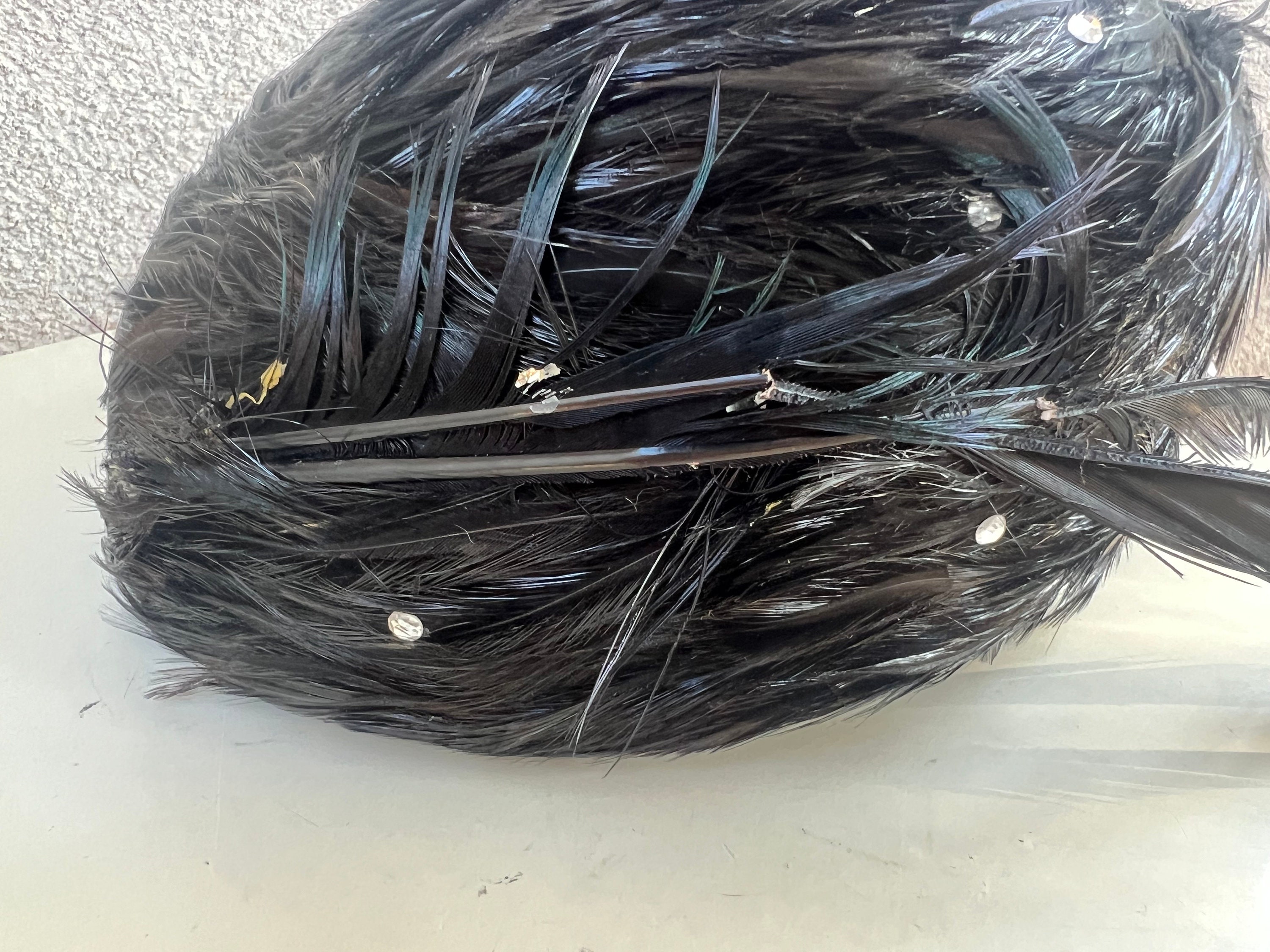 Vintage Black Feather Hat Helmet Style Rhinestones Sz 22.5 