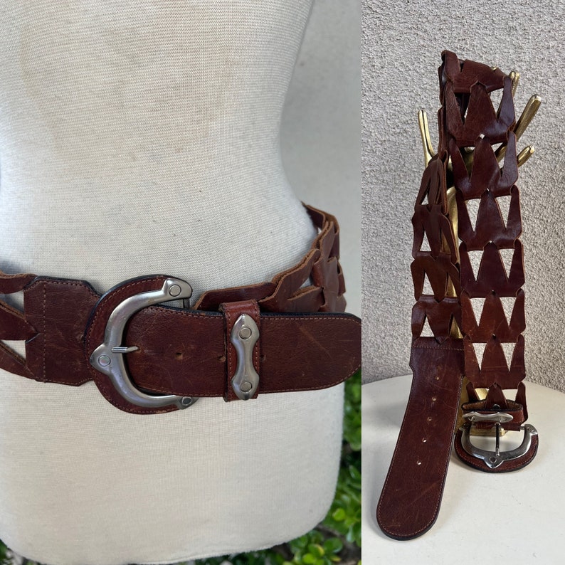 Vintage boho belt brown leather wide cutouts fits 31-35 L Streets Ahead image 1