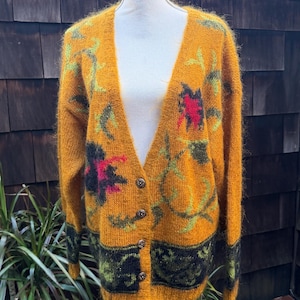 Vintage oversized kofta senapsgul fuzzy stickad storlek M Studio Michelle Stuart