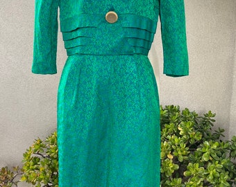 Vintage 60s emerald green satin cocktail dress wiggle pencil fit custom made Sz XS