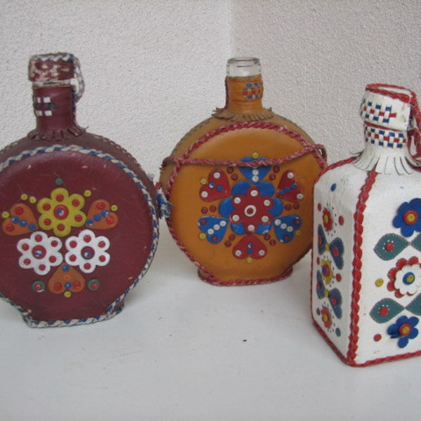 Enthic Leather/glass burgundy/ carmel detailed round /square wine decanter  Yugoslavia