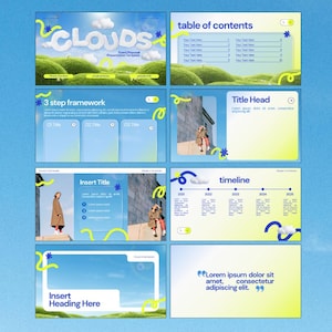 May include: A presentation template with a blue sky background. The design includes multiple slides with text and graphics, including the words "CLOUDS" and "Edit in Canva". The template is fully customizable in Canva, with 8 designed pages and a resolution of 1920 x 1080.