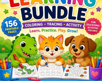 Paquete educativo para niños / Cuaderno de actividades para colorear, trazar y actividades / 156 páginas imprimibles / Descarga digital