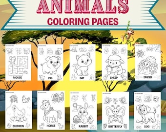 Kids Animal Coloring Pages PDF | Fun Printable Coloring Book for Children | Instant Download