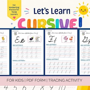 May include: A digital educational worksheet set titled Let's Learn CURSIVE for kids, featuring four white pages with blue lines for tracing letters D, E, F, and G. Each page includes illustrations of animals and objects, plus text labels.