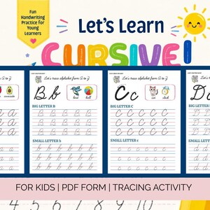 May include: A cursive handwriting practice worksheet for children featuring the letters A, B, C, and D. Each section includes uppercase and lowercase letters to trace, accompanied by colourful illustrations of an apple, avocado, bird, ball, cat, clock, dog, and duck.