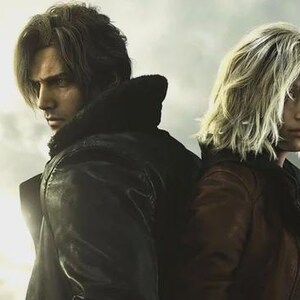 May include: A promotional image featuring two characters from a video game. A man with dark hair and a leather jacket stands back-to-back with a woman with blonde hair and a brown jacket. The background is a cloudy sky.