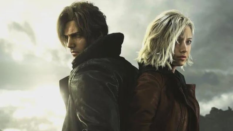 May include: A promotional image featuring two characters from a video game. A man with dark hair and a leather jacket stands back-to-back with a woman with blonde hair and a brown jacket. The background is a cloudy sky.