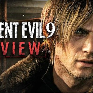 May include: A promotional image for a video game review. The image features a man with blonde hair and a serious expression. The text "RESIDENT EVIL 9 REVIEW" is displayed in white and red.