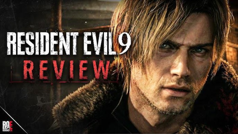 May include: A promotional image for a video game review. The image features a man with blonde hair and a serious expression. The text "RESIDENT EVIL 9 REVIEW" is displayed in white and red.