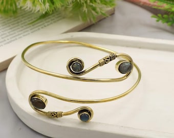 Gold Swirl Brass Labradorite Arm Cuff, Adjustable Mandala Armlet Tribal Jewelry.