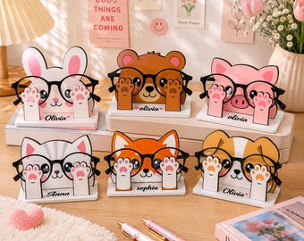 Personalized Animal Glasses Holder, Wooden Desk Organizer, Custom Name Stand