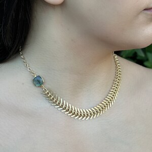 Gold Statement Necklace, Handmade Necklace, natural gemstone necklace, labradorite necklace, fishbone necklace, short necklace, gift for her