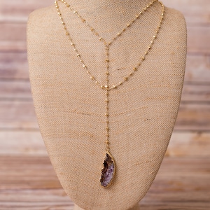 Layered Necklace with Pendant, lariat necklace, double layer pendant necklace, natural gemstone necklace, long gold necklace, Y necklace