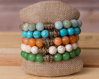 Gemstone Stretch Bracelet: Beaded Boho Bracelet with Gold Accent, natural gemstones