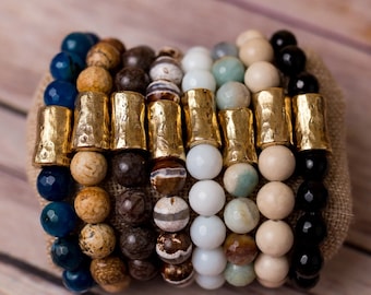 Handmade Gemstone Stretch Bracelet, Gold Plated Accent, Beaded Stack