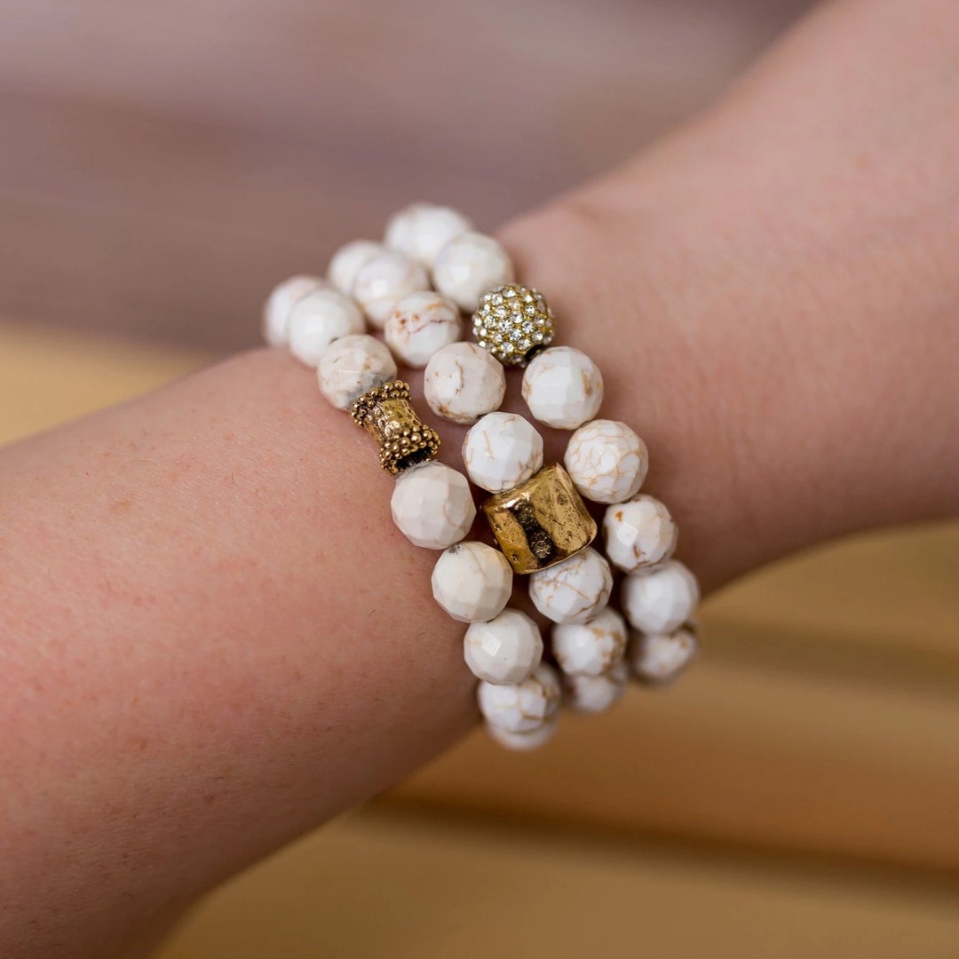 Cream Gemstone Bracelet Stack, beaded bracelets, stretch bracelets