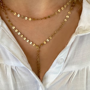 Disc Chain Necklace, gold layer necklace, Y necklace, gold lariat necklace, layering necklace, gold dot chain necklace, coin chain necklace