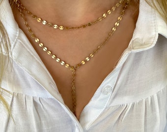 Disc Chain Necklace, gold layer necklace, Y necklace, gold lariat necklace, layering necklace, gold dot chain necklace, coin chain necklace