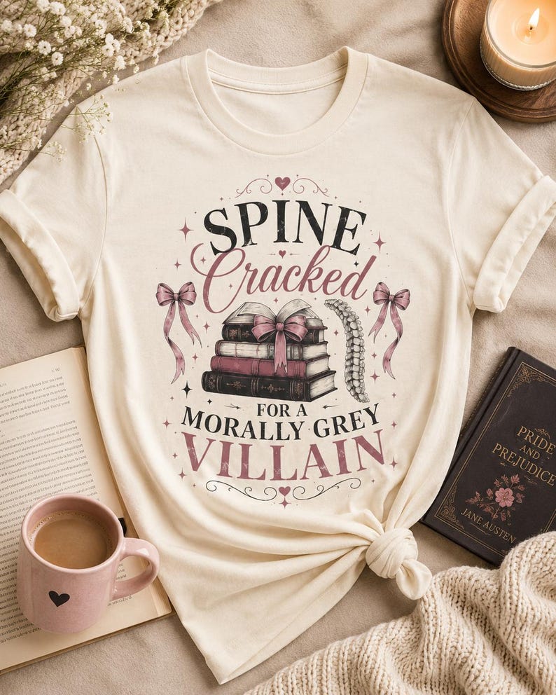 Pu&ograve; includere: T-shirt color crema con la scritta "Spine Cracked for a Morally Grey Villain". La grafica include una pila di libri legati con un fiocco rosa, una spina dorsale ed elementi decorativi. Sono visibili anche un libro e una tazza.