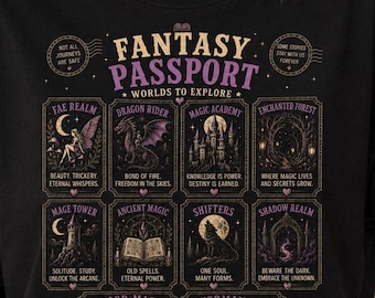 May include: A black crewneck sweatshirt featuring a graphic print titled Fantasy Passport Worlds to Explore. The design includes ten rectangular panels depicting fantasy themes like Fae Realm, Dragon Rider, Magic Academy, and Blood Magic with text.