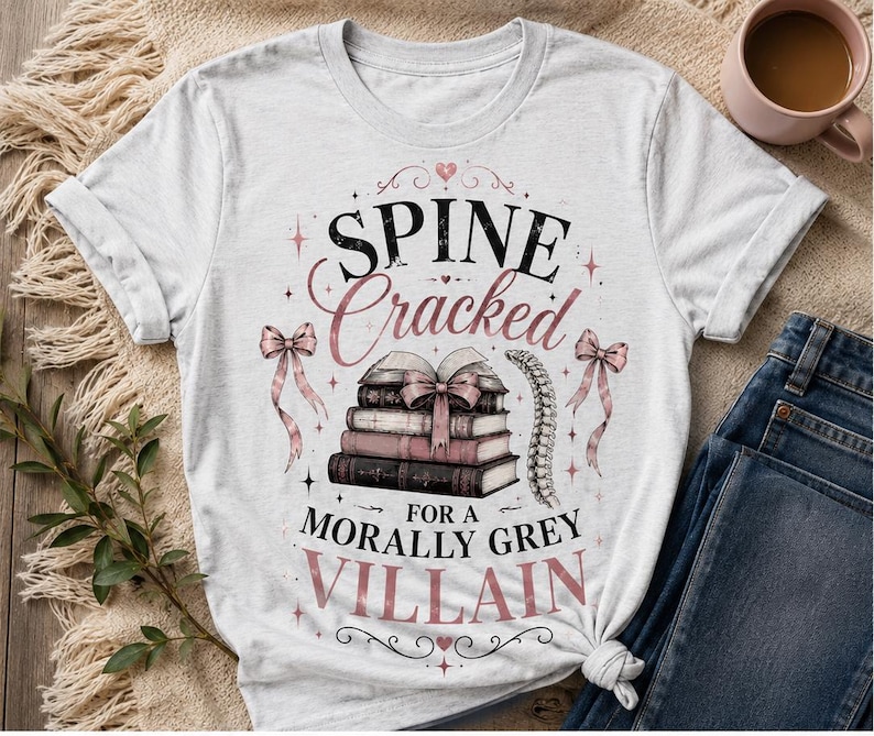 Pu&ograve; includere: T-shirt bianca con la scritta "Spine Cracked for a Morally Grey Villain" in nero e rosa. Il design include una pila di libri legati con un fiocco, un'illustrazione della colonna vertebrale ed elementi decorativi.