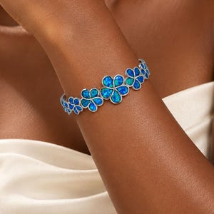 Personalized Opal Flower Cuff Bracelet, Engraved Adjustable Bangle, Gold Silver Opal Bracelet Gift for Her