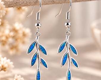 Blue Opal Leaf Earrings, Silver Dangle Drop, Nature Inspired Jewelry, Botanical Nature Jewelry, Boho Gift for Her, Opal Jewelry Gift