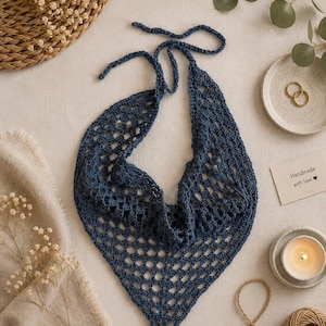 Dark Blue Crochet Bandana, Handmade Head Scarf, Boho Hair Kerchief, Cottagecore Wrap