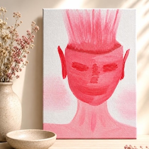 May include: A rectangular canvas painting featuring a stylized, monochromatic red figure with a tall, spiky hairstyle and pointed ears. The figure is centered against a white background with a soft, light pink gradient wash at the bottom.
