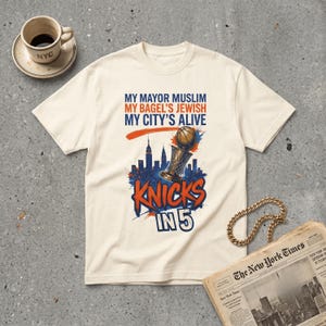 New York Knicks Championship-shirt | Knicks in Five Mijn burgemeester Muslim | Retro shirt NBA Finals Champions 2026 | Comfortkleuren + peuter
