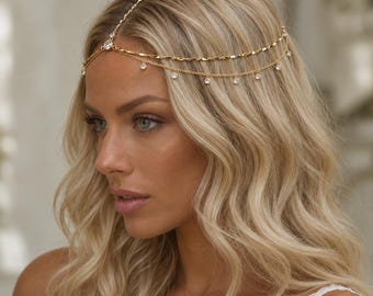 Dainty Bridal Head Chain, Wedding Hair Jewelry, Boho Bride Accessory, Christmas Gift, Center Part Headpiece, Double Strand Forehead Circlet
