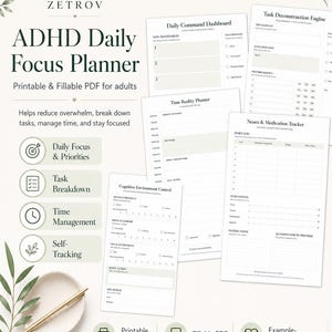 Planejador diário para TDAH em PDF para impressão, com foco em tarefas, controle de medicamentos/sintomas, gerenciamento de tempo, ambiente e controle de gatilhos.