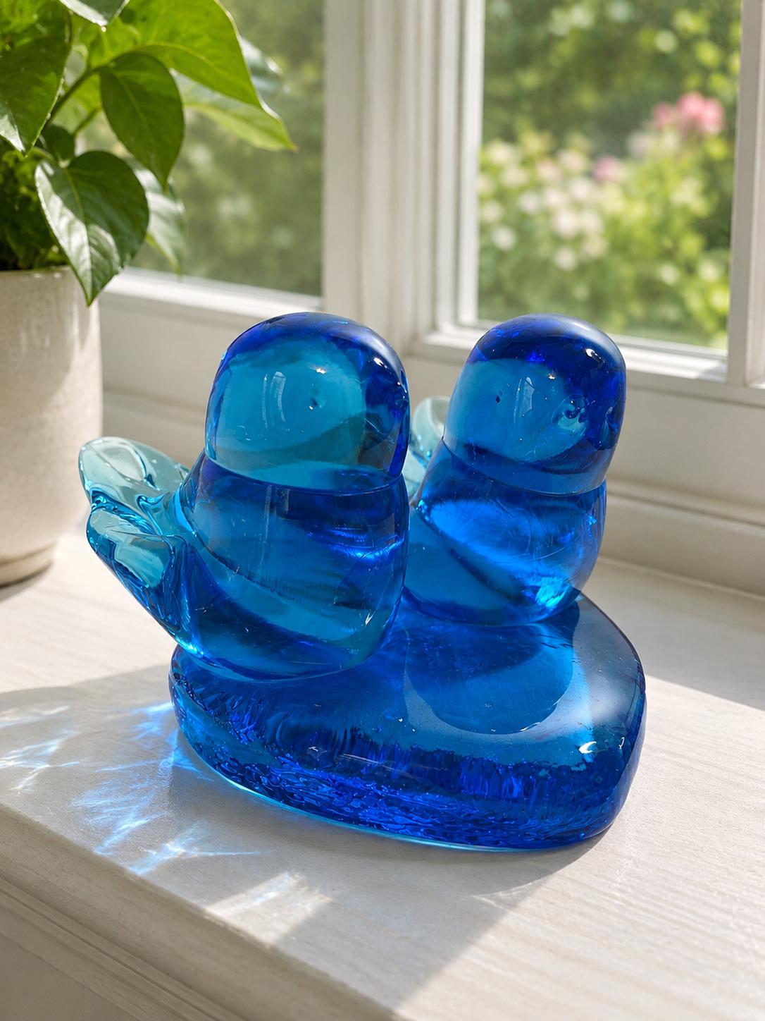 ガラスの青い鳥 2羽のペア bluebird of hapiness Handblown Etched