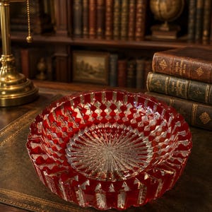 Vintage Bohemian Ruby Red Cut Crystal Ashtray