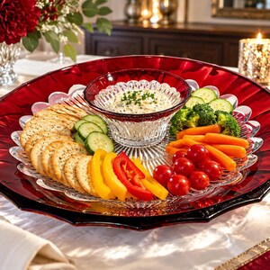 Mikasa Crimson Dawn Chip & Dip Set, Ruby Red Fluted Glass, 14-Inch Platter