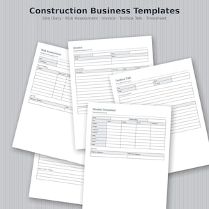 May include: A collection of white paper construction business templates featuring black text and lines. The documents include titles for Site Diary, Risk Assessment, Invoice, Toolbox Talk, and Weekly Timesheet, organized in a layered, overlapping arrangement.