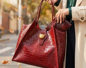 本革クロコダイル柄メッセンジャーバッグ 大容量通勤用ハンドバッグ