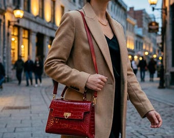 クロコダイル柄レザーショルダーバッグ、光沢のあるクロスボディハンドバッグ（女性用）