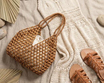 手作りの木製ビーズ付きショルダーバッグ、織りビーチハンドバッグ（女性用）