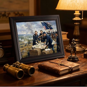 May include: A framed historical print depicting a military scene with soldiers examining a map, set on a wooden desk. The scene includes a bronze figurine, binoculars, and a leather-bound journal. A lamp with a beige shade is visible.